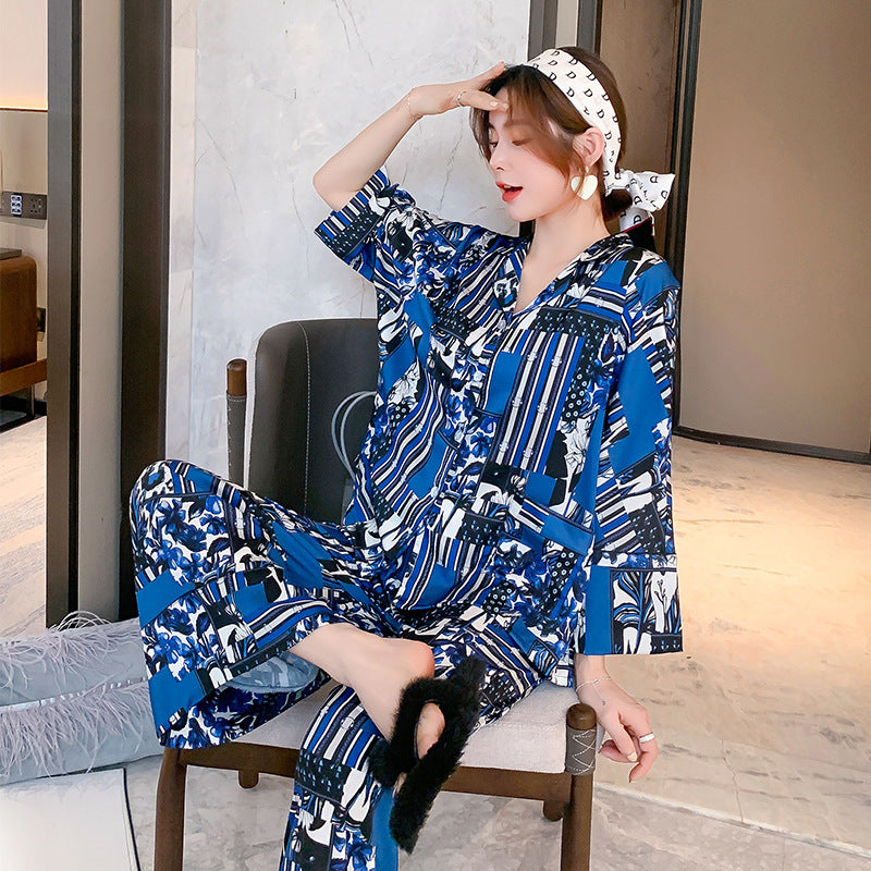 Women's Spring Autumn Long Sleeve Ice Silk Pajamas