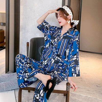 Women's Spring Autumn Long Sleeve Ice Silk Pajamas