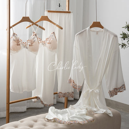 Ice Silk Sexy Slip Nightdress Silk Satin Nightgown With Chest Pad Five-piece Suit Homewear