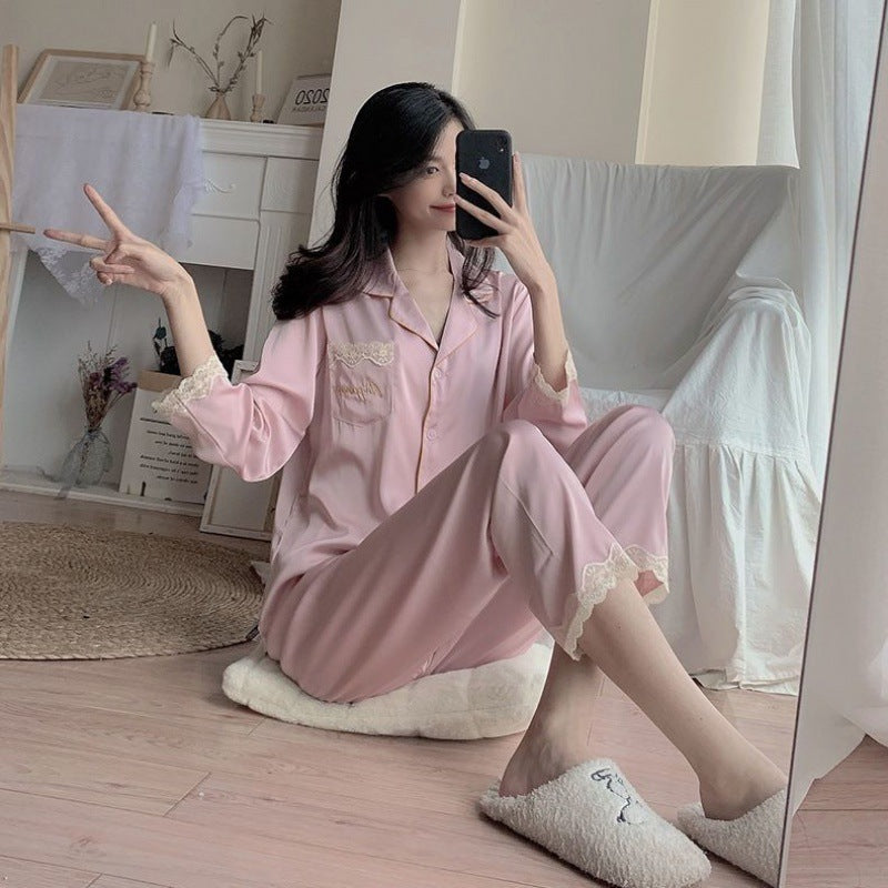 Pajamas Ice Silk Lace Long Sleeves And Trousers