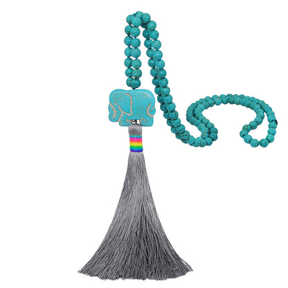 Bohemian Folk Art Antique Turquoise Silk Thread Tassel Necklace