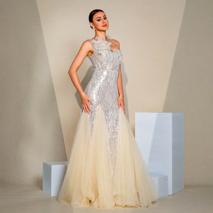 Lumira Veil One-Shoulder Gown