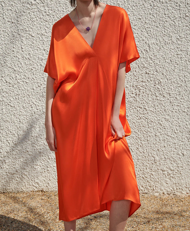 Women's V-neck Orange Women's Loose Casual Silk Satin Texture Long Shirt Dress