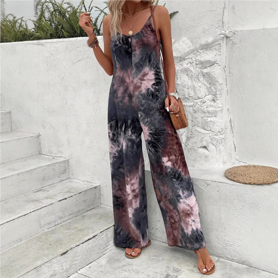 Women's Sleeveless Printed Contrast Strap Fashion Jumpsuit