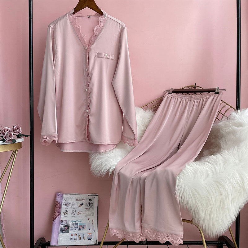 Pajama Lady Ice Silk Long Sleeve Plain Lace