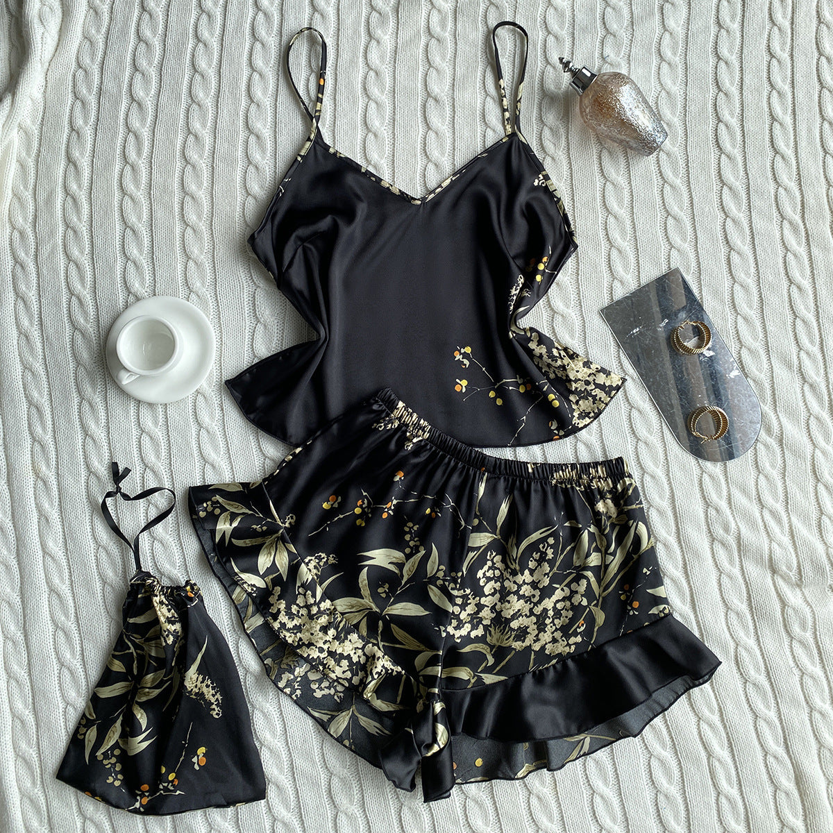 Faux Silk Pajamas Two-Piece Set Fashion Printing