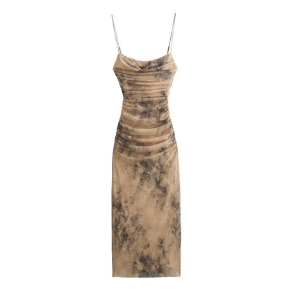 Simple Retro Fashion Silk Net Printing Dress