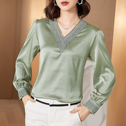 Business Wear Embroidered Satin Silk V Neck Shirt