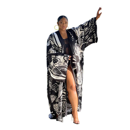 Kimono Silk-like Multi-print Coat