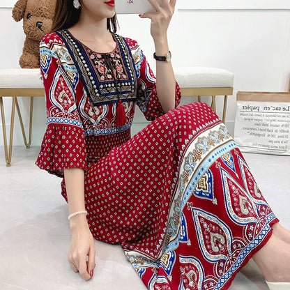Skirt Crew Neck Ruffle Half Sleeve Cotton Silk Dress