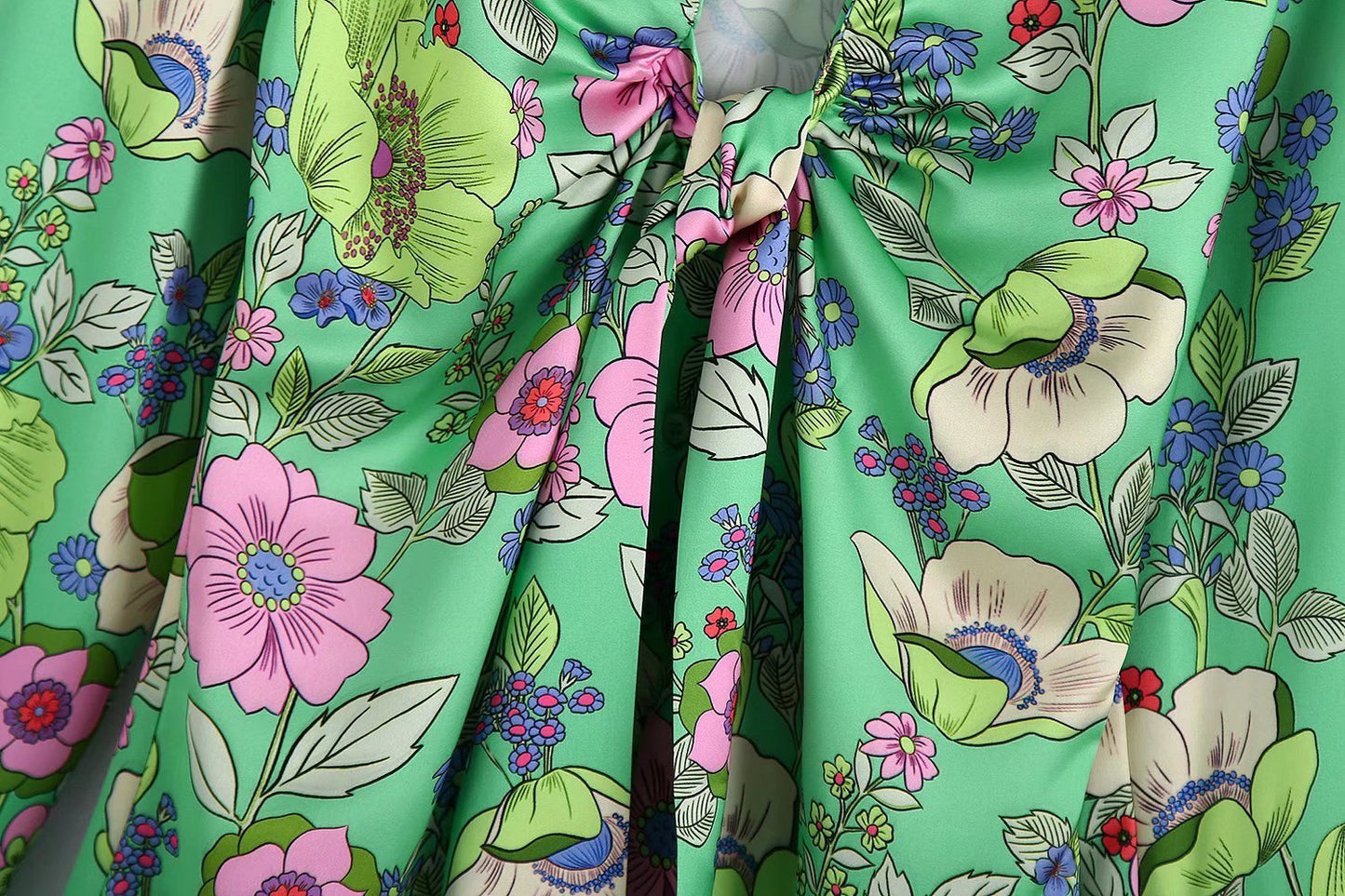 Silk Satin Floral Print V-Neck Dress Short Skirt