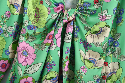 Silk Satin Floral Print V-Neck Dress Short Skirt